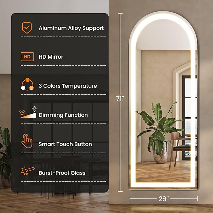 71" x 26" Arched Full Length Mirror with LED Lights, Floor Mirror with Stand, Wall Mirrors Full Length, Body Floor Mirrors, Wall Mounted for Bedroom, Dimmable, Tempered Glass