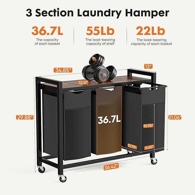Sweetcrispy Laundry Hamper with 3 Pull-Out Removable Sorter Bags 3 × 9.7 Gal (110L) Capacity, Movable Wheels, Freestanding Clothes Basket Organizer in Bathroom, Rustic Brown and Black