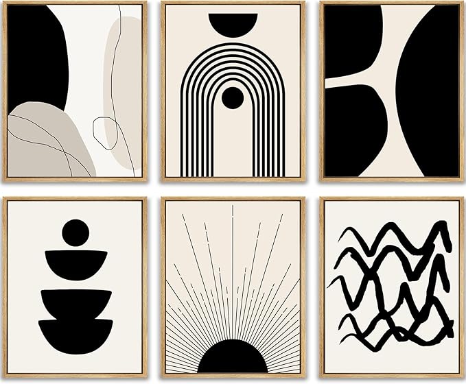 ๐๐ฟ๐๐ผ๐๐บ Black Abstract Boho Wall Art Minimalist Geometric ๐๐ฟ๐ฎ๐บ๐ฒ๐ฑ Wood Wall Decor Boho Room Decor Black Beige Art Canvas Painting Mid Century Modern Prints Bohemian Posters for Bedroom Kitchen Office