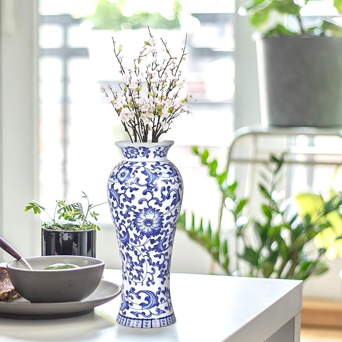 Chinoiserie Blue and White Vases,Living Room Centerpiece Ceramic Vase for Office Bedroom Chinoiserie Vintage Willow Flower Vases Decor (Lotus-M)