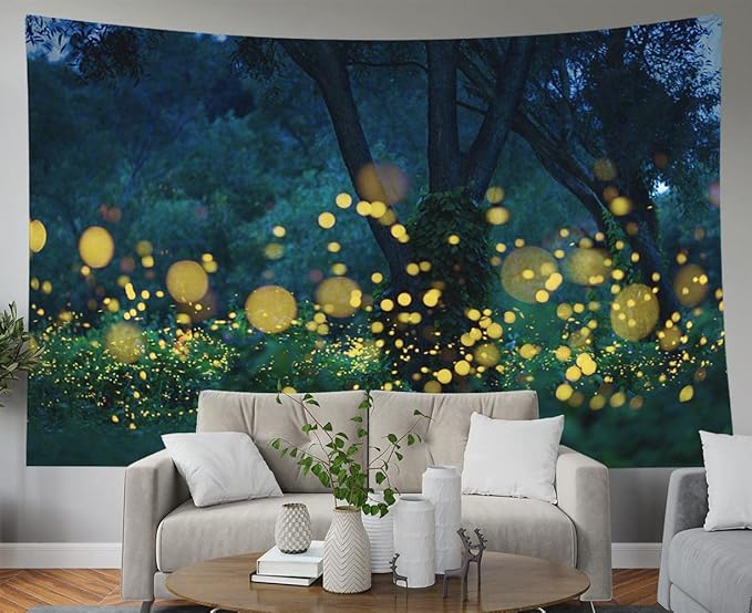 EMMTEEY Tree Tapestry - Night Trees Lightning Bugs Fireflies - Boys 92.5X70.9 for Friends & Families