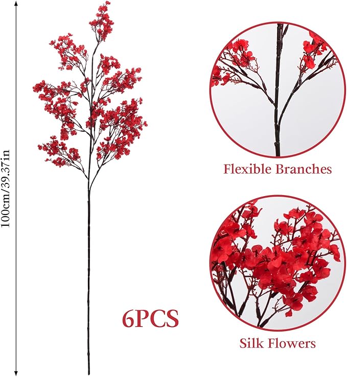 AILANDA 6 Bundles Babys Breath Artificial Flowers Red, 39.4'' Long Stems Faux Flowers Real Touch Silk Flowers Arrangement for Floor Vase Home Wedding Kitchen Dinning Table Christmas Centerpieces Decor