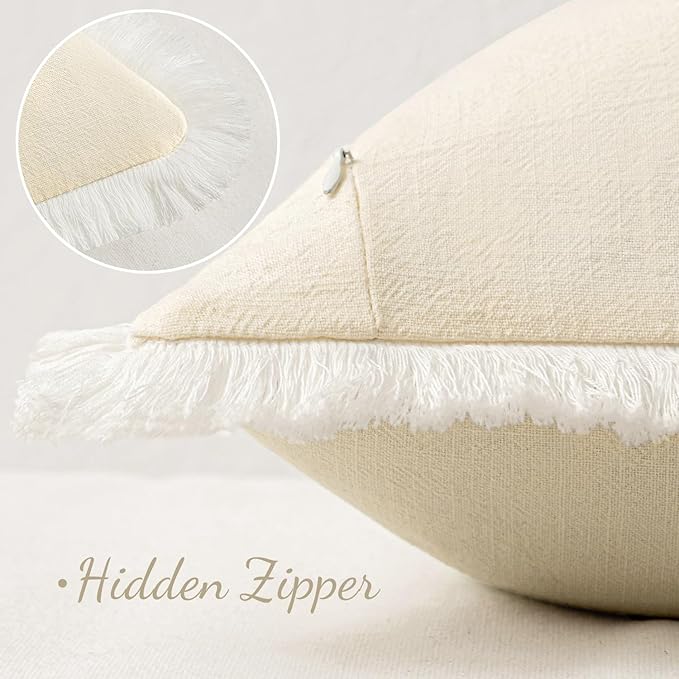 MIULEE Decorative Throw Pillow Covers Neutral Linen Fringe Throw Pillows Set of 2 Cream White Boho Farmhouse Cushion Covers with Tassels for Couch Sofa Bed Living Room Spring Home Decor 18x18 Inch