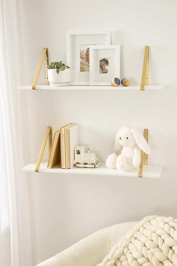 Kate and Laurel Soloman White Wooden Shelves with Gold Metal Brackets, 2 Piece Set