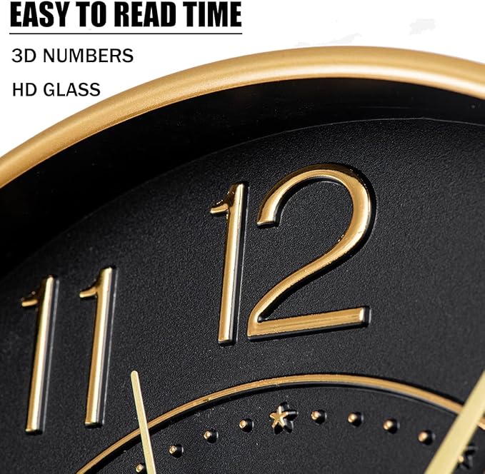 HZDHCLH Modern Wall Clocks Battery Operated,10 inch Black and Gold Clock for Wall,Silent Small Wall Clock for Living Room Bedroom Kitchen Office Nursery Decor