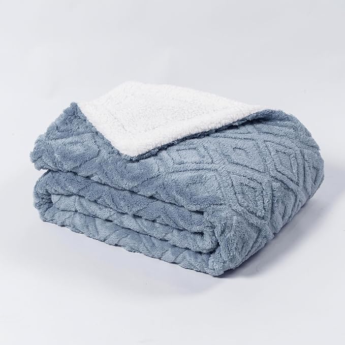 EVERGRACE Jacquard Boho Sherpa Fleece Throw Blanket for Couch, Super Soft Cozy Fuzzy Plush Blankets for All Seasons, Reversible Thick Warm Blanket for Bed, Sofa, Living Room, Blue Linen, 50" x 60"
