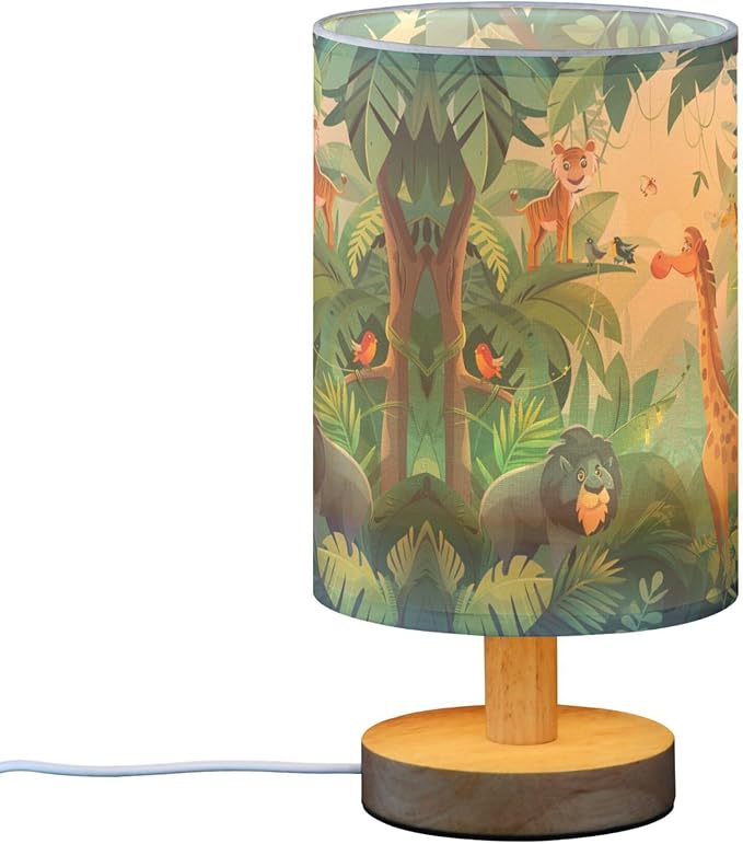 Table Lamp Forest Animal Giraffe Lion Tiger Bird Parrot Tropical Leaves Nightstand Lamp with Wood Base Fabric Lamp Shade Bedside Desk Lamp for Living Room Bedroom Kids Room Office