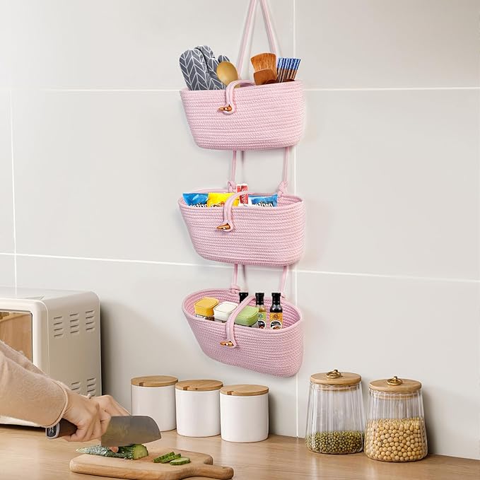 DULLEMELO Hanging Wall Basket for Wall Decor | Pink Woven Storage Basket with Button Strap | 3-Tier Hanging Baskets for Organizing | Hanging Kitchen Baskets