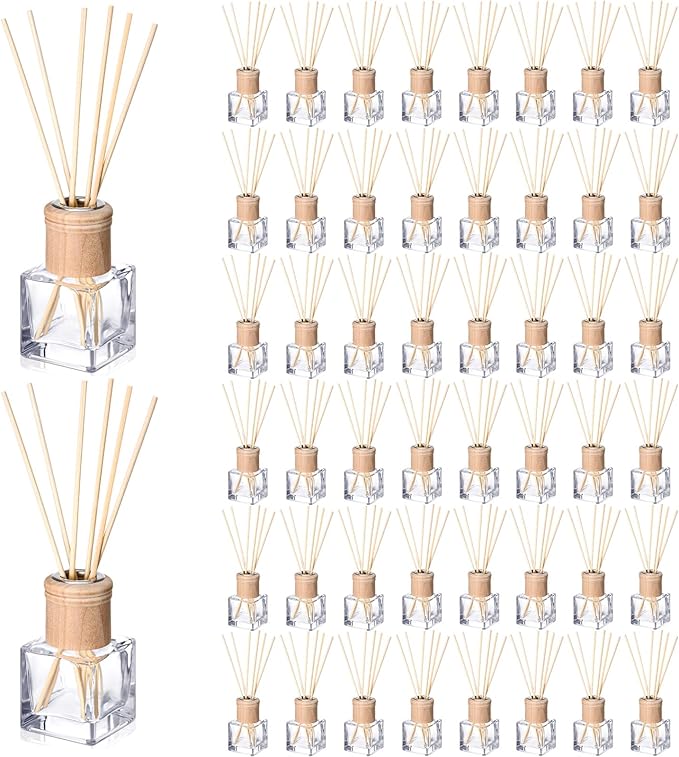 Roshtia 50 Set Reed Diffuser Bottle Empty Refillable Fragrance Glass Diffuser Bottles with Wooden Caps Rattan Sticks 50ml 1.7 oz Glass Jars for DIY Fragrance