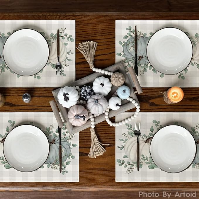 Artoid Mode Buffalo Plaid Eucalyptus Pumpkins Leaves Fall Placemats Set of 12,12x18 Inch Autumn Table Mats for Party Kitchen Dining Decoration