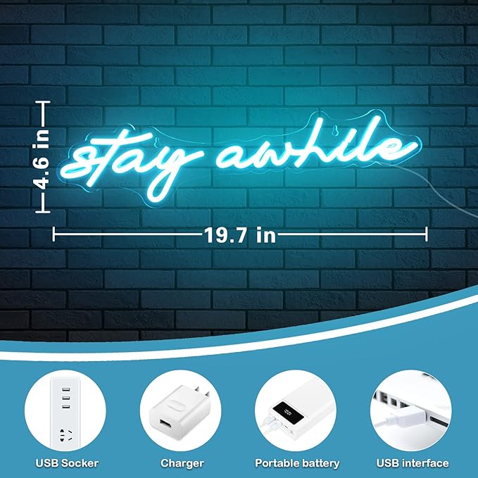 Stay Awhile Neon Signs - IMEGINA Dimmable LED Bar Neon Sign for Wall Decor 19.7x5 Inch, USB Powered Cool Neon Light for Bedroom Home Room Pub Party, Birthday Christmas Gift (Ice Blue)