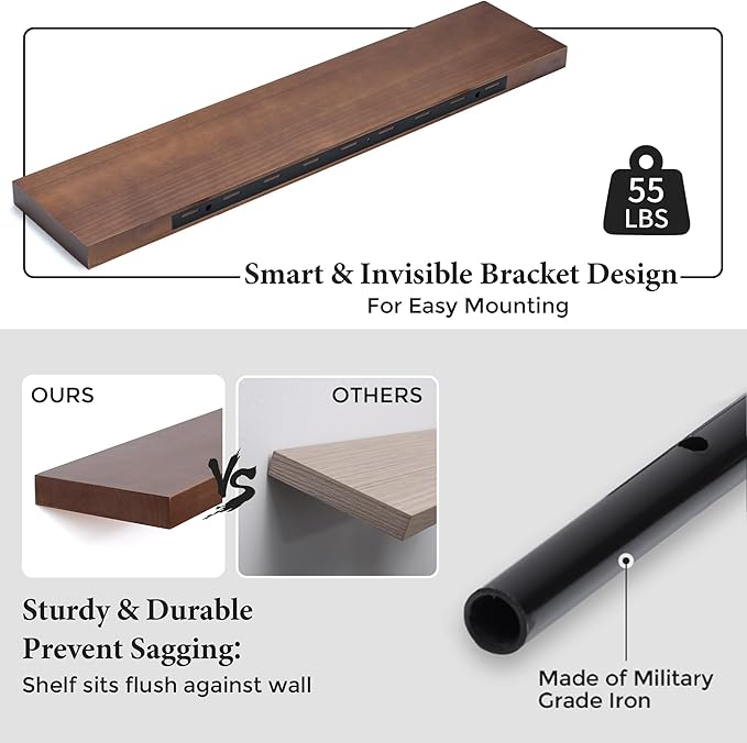 Axeman Floating Shelves, 8 Inch Deep Modern Solid Wood Wall Shelves for Storage, Wall Mounted Display Shelving with Invisible Heavy-Duty Metal Bracket, 36" W x 8" D x 1.6" H, Walnut