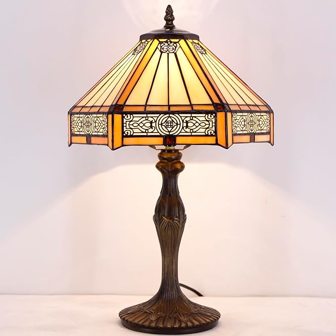 WERFACTORY Tiffany Lamp Yellow Hexagon Stained Glass Mission Style Table Lamp Desk Bedside Reading Light 12X10X18 Inches Decor Bedroom Living Room Home Office S011 Series