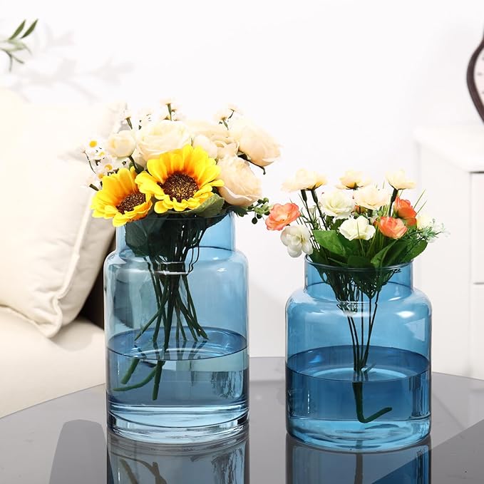 Large Glass Vase, Blue Glass Vase Set of 2, Large Flower Vases for Bouquet, Tall Wide Mouth Vases for Flowers, Home, Wedding, Living Room, Office Decor, 7"+9"