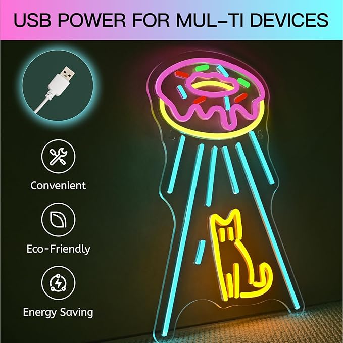 Donut UFO Cat Neon Sign, Dimmable, USB Powered, 5V/2A, 16.5"x10.6" Neon Light for Wall Decor, Donut Shop, Cat Lover, Donut Lover, Kids, Classroom, Bedroom, Cafe, UFO Fans