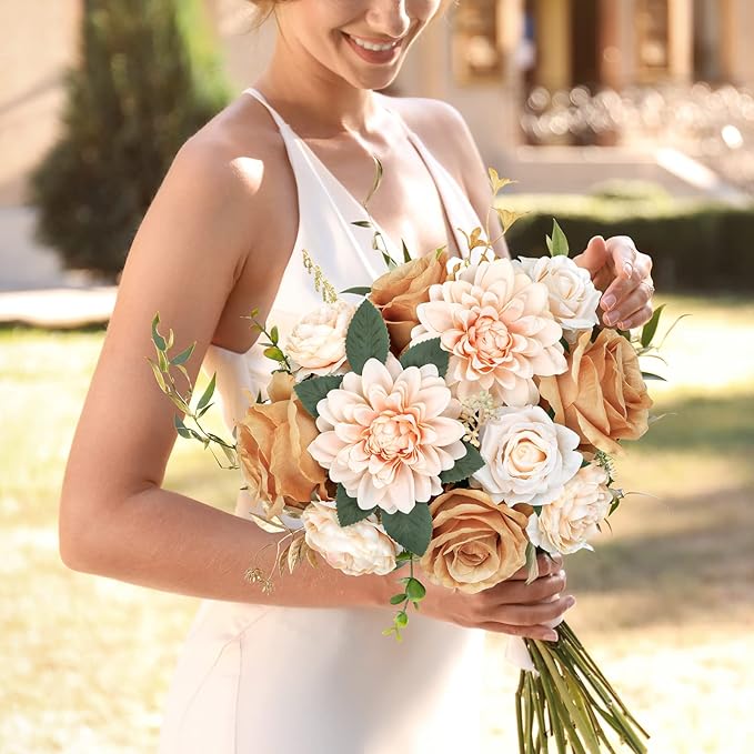 AmyHomie Champagne Nude Artificial Flowers Combo Silk Mix Peony Rose Daisy Fake Flowers w/Stem for DIY Wedding Bouquets Centerpieces Arrangements Table Decor Party Bridal Baby Shower Home Decor