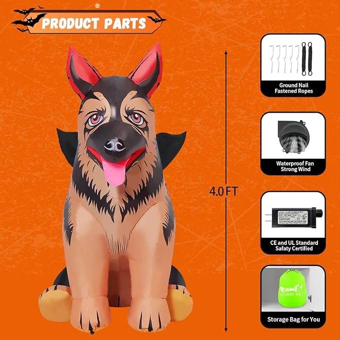 COMIN 4 FT Inflatables German Shepherd Dog with Bat Wing Outdoor Blow Up Decorations with Built-in LEDs for Thanksgiving Christmas Halloween Yard Indoor Party Garden Lawn