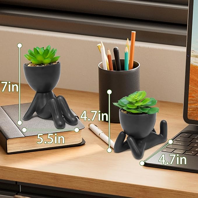 Zerzsy 2PCS Cute Artificial Succulent Plants with Creative Human Shaped Pots, Desk Decoration Mini Potted Planter Succulent Decor for Desktop Office Bedroom Table Decor (Matte Black)