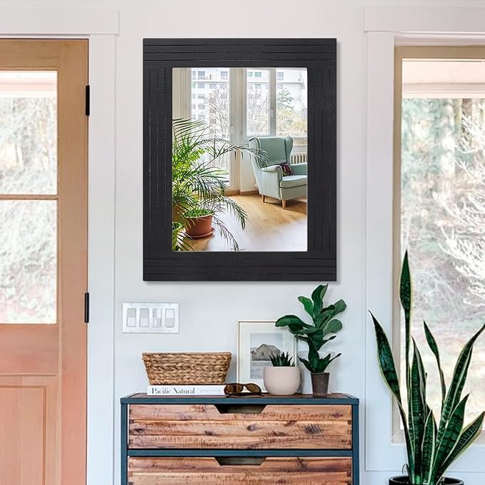 Black Wall Mirror Rectangular Vintage Rustic Wood Framed Large Mirror Deco Farmhouse Living Room Bathroom Bedroom Entrance Mirror 26" x 18"