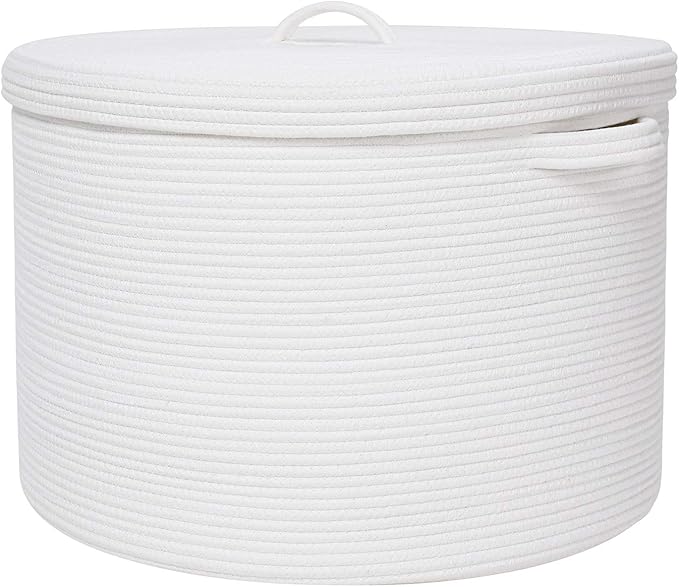 20" x 20" x 15" Extra Large Storage Basket with Lid, Cotton Rope Storage Baskets, Laundry Hamper, Cloth Bin, for Clothes Towels Blankets Pillows Storage in Living Room, Full White Basket with Cover