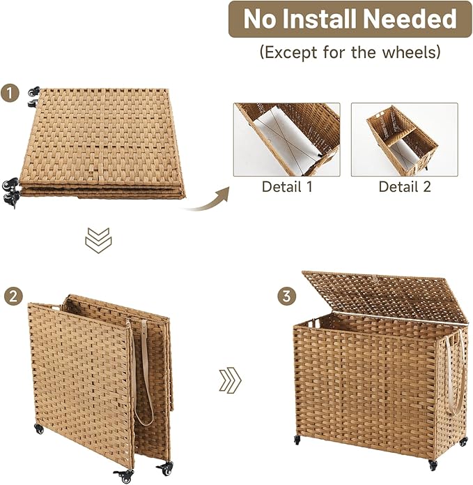 Laundry Hamper with Wheels, 52.8 Gallon(200L) Rolling Laundry Basket with Lid, 3-Section Rattan Clothes Hamper with 3 Removable Liner & 3 Mesh Bags, Laundry Sorter with Side Pocket, Natural