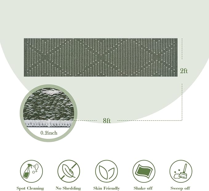 LIVEBOX Green Runner Rug for Kitchen 2x8, Boho Washable Runner for Hallway, Moroccan Cotton Long Entryway Area Rug Indoor Carpet for Bedroom Laundry Doorway Entry(Green & White)