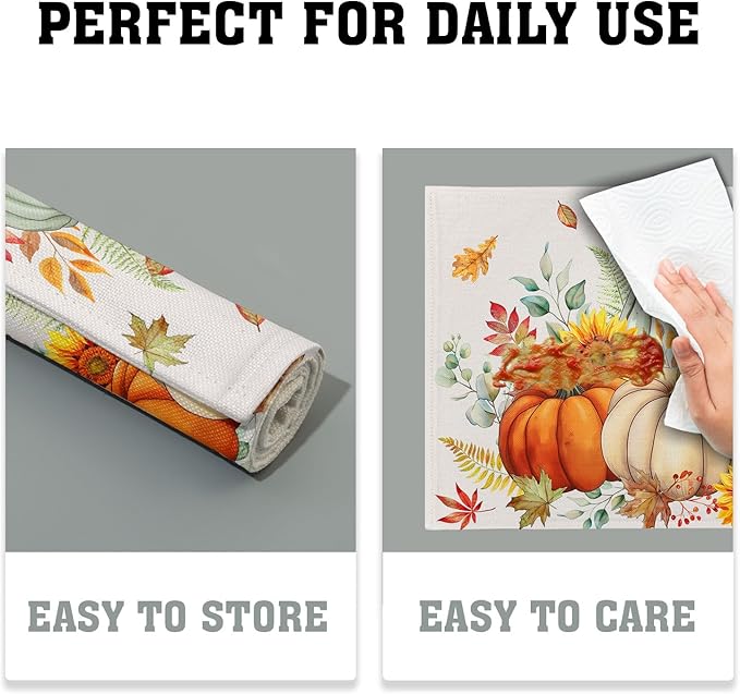 Fall Placemats Set of 4, 12 x 18 Inch Blue and Orange Pumpkin Fall Maple Leaves Washable Heat Resistant Rectangle Place Mat Thanksgiving Decor Table Mats for Seasonal Kitchen Dining