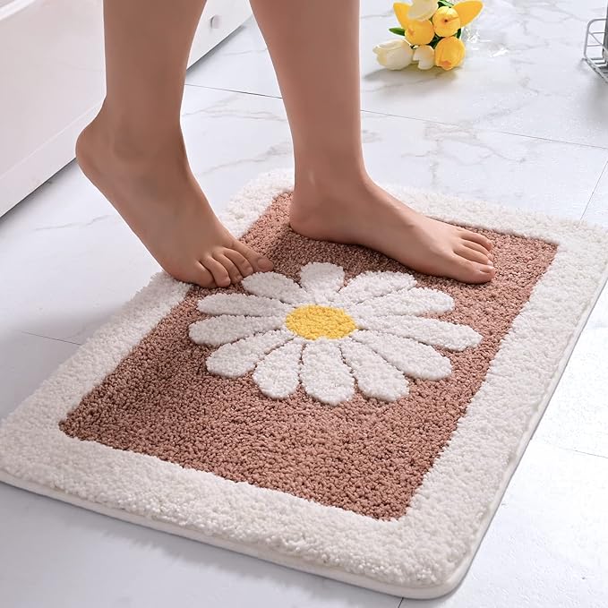 Bathroom Rugs Mat, White Flower Bath Rugs Fluffy Soft Superfine Fiber Rugs Non Slip Bath Mat Machine Wash Plush Mats,Bathroom Rug for Bathroom Shower Room (16"×24", Brown)