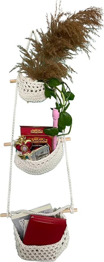 Hanging Fruit Basket, 3 Tier Cotton Macrame Produce Basket for Kitchen, Indoor Planter Hangers.