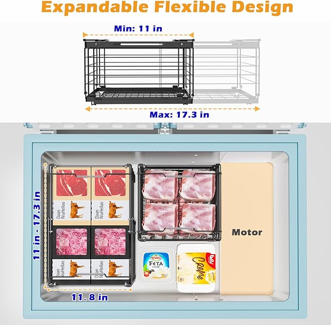 NADAMOO Freezer Organizer Bins, 2 Pack Large Expandable Stackable Chest Freezer Containers with Handle, Metal Adjustable Storage Baskets for Fridge, Deep Freezer, Cabinet, Kitchen, Pantry - Black