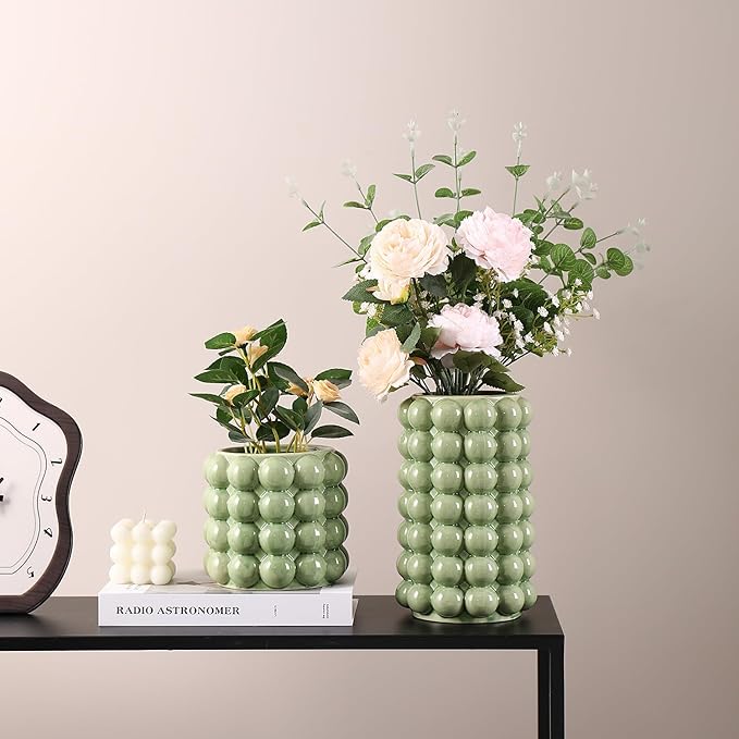 Bubble Vases, Set of 2 Green Ceramic Vases, Short Vases, Ceramic Flower Vases, Unique Vases, Tall Bubble Vases for Coffe Table Decor, Decorative Vases for Living Room, Dining Table, Wedding