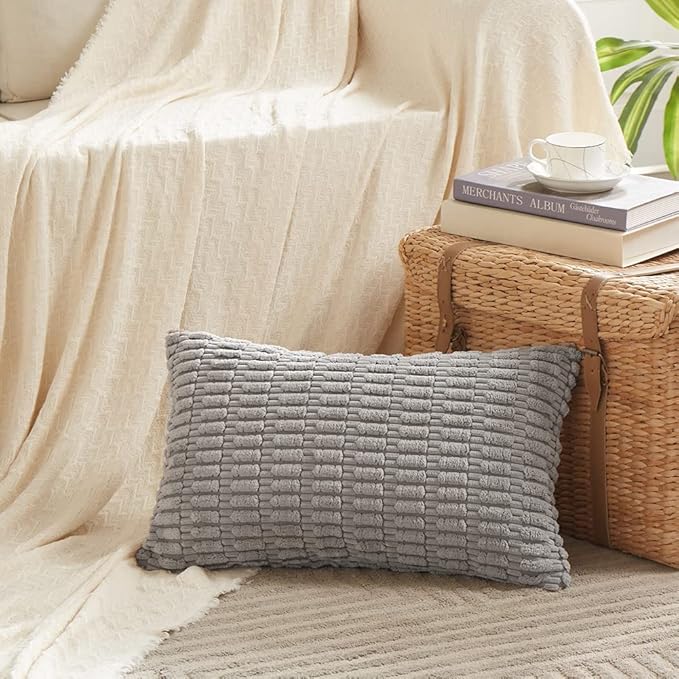 Fancy Homi 4 Packs Grey Decorative Throw Pillow Covers 12x20 Inch for Living Room Couch Bed, Rustic Modern Farmhouse Boho Home Decor, Soft Plush Corduroy Gray Cute Square Accent Cushion Case 30x50 cm