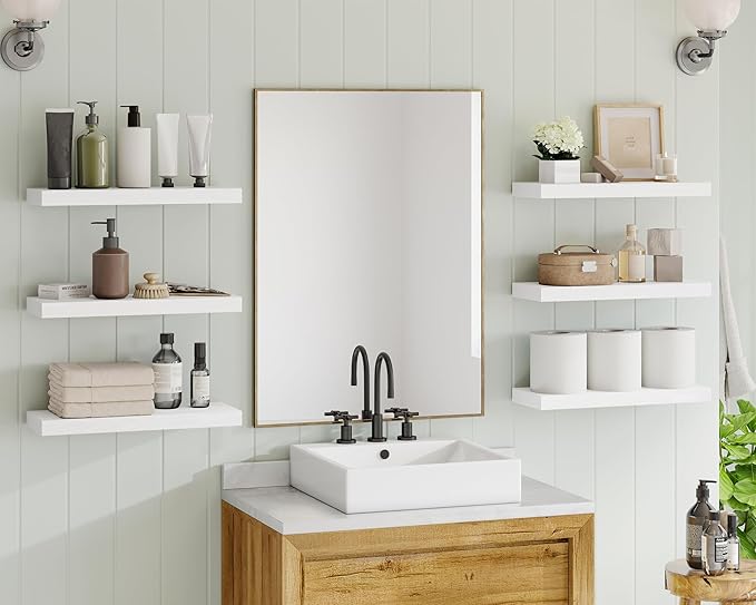 Fixwal 15.8in White Floating Shelves, Set of 6 Wood Shelves, Farmhouse Shelf Wall Decor for Bathroom, Bedroom, Living and Kitchen Room