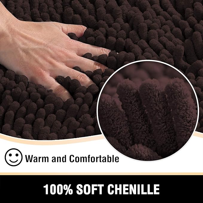 H.VERSAILTEX Bathroom Rugs Bath Mats for Bathroom Non Slip Luxury Chenille Bathroom Rugs Extra Soft Absorbent Shaggy Bathroom Mat Rugs Washable Fast Dry 2 Piece (Chocolate, 20" x 32"/17" x 24")