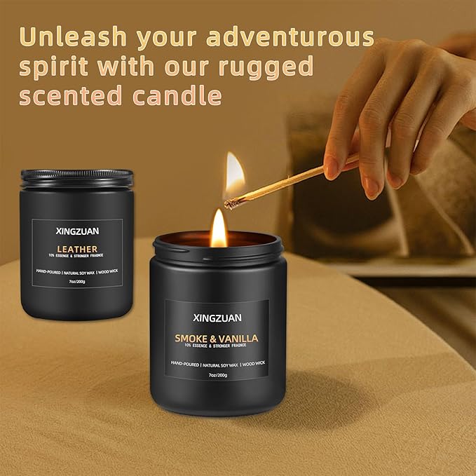 2PCS 10% Essence Smoky Vanilla Candle Set | Leather Scented Candle | Men's Room Decor | Black Soy Candle with Wood Wick | Long Lasting 45 Hour Time | Ideal for Man Cave, Bedroom, or Officec