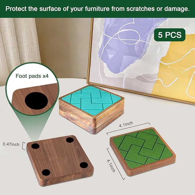 Coasters for Drinks Absorbent 5 Pack, Square Coasters with Felt Pads, Non-Slip, Non-Stick Cups, Suit for Kinds of Cups 4.1 inches (Colorful)