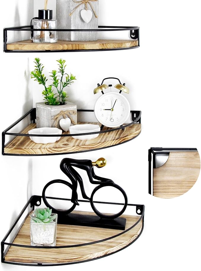 Corner Shelf Wall Mounted, Corner Floating Shelves for Wall, Wood Storage with Cable Hole for Kitchen Living Room Bedroom Bathroom, Rustic Brown Set of 3