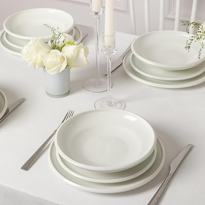 Earth & Clay Harmony 24-Piece Dinnerware Set Stoneware, Plates and Bowls Set, Includes Dinner and Salad Plates, Cereal Bowls, Dishwasher and Microwave Safe, Dishes for 8, White
