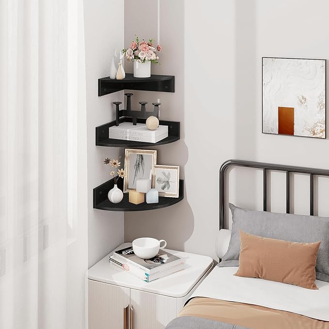 Homode Corner Floating Shelves, Set of 3 Corner Shelves Wall Mounted with Cable Hole, 3 Tier Wooden Hanging Corner Storage Shelf for Bedroom, Living Room, Kitchen, Black