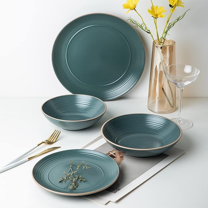 RINGAR Round Stoneware 16pc Dinnerware Set of 4, Dinner Plates, Side Plates, Cereal Bowls, Mugs - Speckle Matte Green (434540)