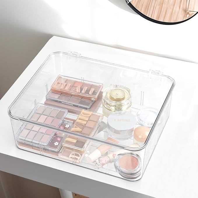 Clear Storage Container Drawer Organzier Dividers,Removable Divided Plastic Storage Bin with Lid, Storage Organizer for Scarves Ties Bras,Clear Dresser Organizers (Large-No Grids)