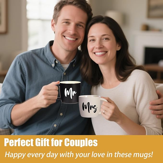 12 oz Mr and Mrs Mug, Ceramic Coffee Mug for the Couple, Ideal Gift for Engagement, Anniversary, His and Hers, Bride and Groom,Wedding Gifts for Couples 2025 - Set of 2 (Black & White)