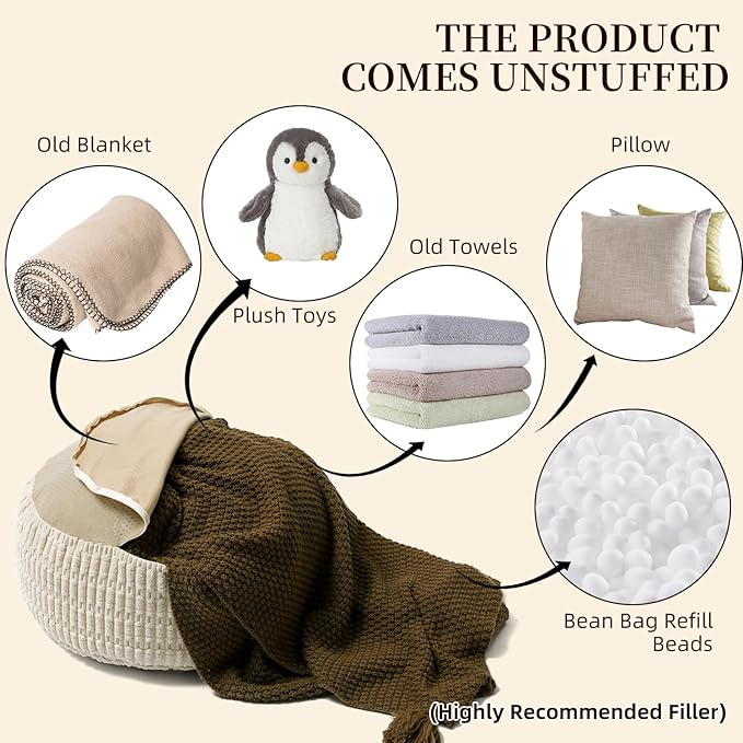 Unstuffed Pouf Ottoman Cover Soft Storage Extra Seat Farmhouse Comfortable Bohemian Poufs Accent Footrest 20x20x8 Inches for Living Room Bedroom Study Nook (Beige, Round)
