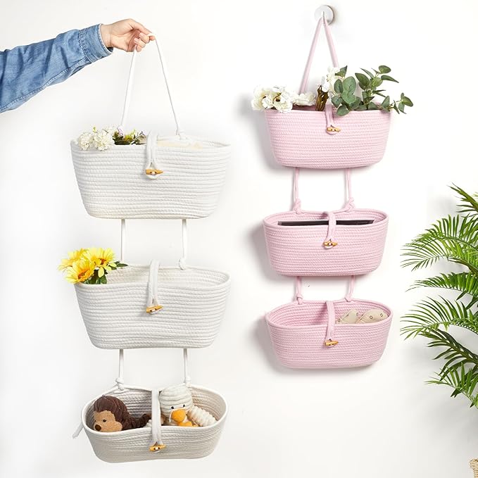 DULLEMELO Hanging Basket with Button Strap 3-Tier Woven Cotton Hanging Wall Baskets for Storage, Boho Wall Decor Hanging Storage Basket with Button Strap, White