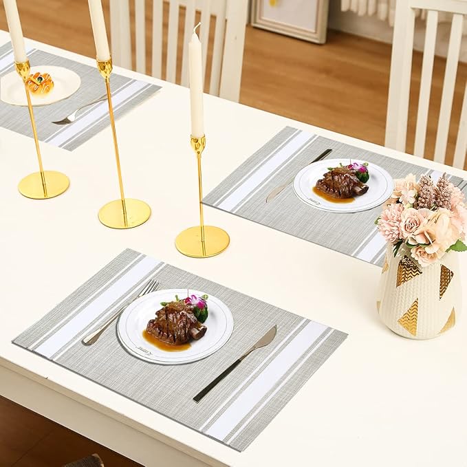 DACHUI Placemats Set of 6, Soft & Elegant Woven Vinyl Place Mats, Water Resistant, Heat Resistant, Washable, Durable Table Mats (White Stripes)