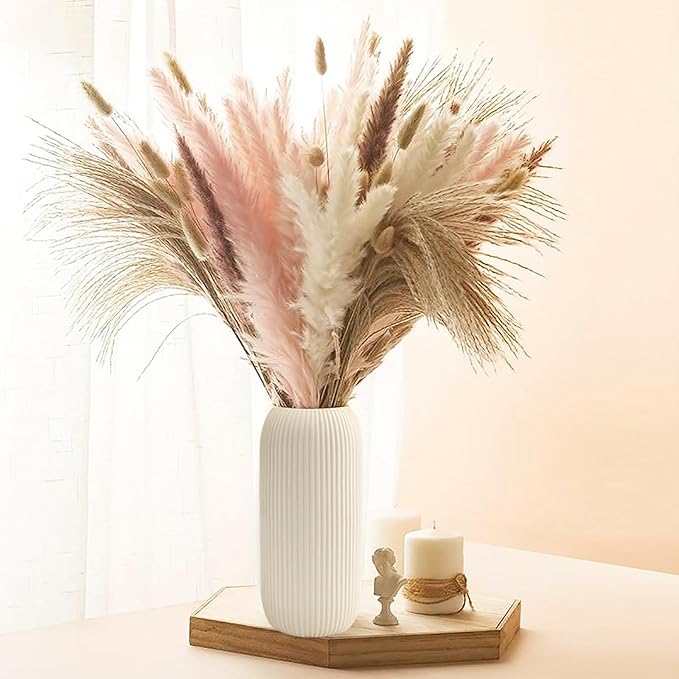 White Ceramic Vase for Flowers, Tall Home Decor Vase with Ribbed Texture, Vases for Centerpieces, Farmhouse Decor, Living Room, Christmas Decor Bedroom, Table, and Kitchen Shelf (10.2 in)