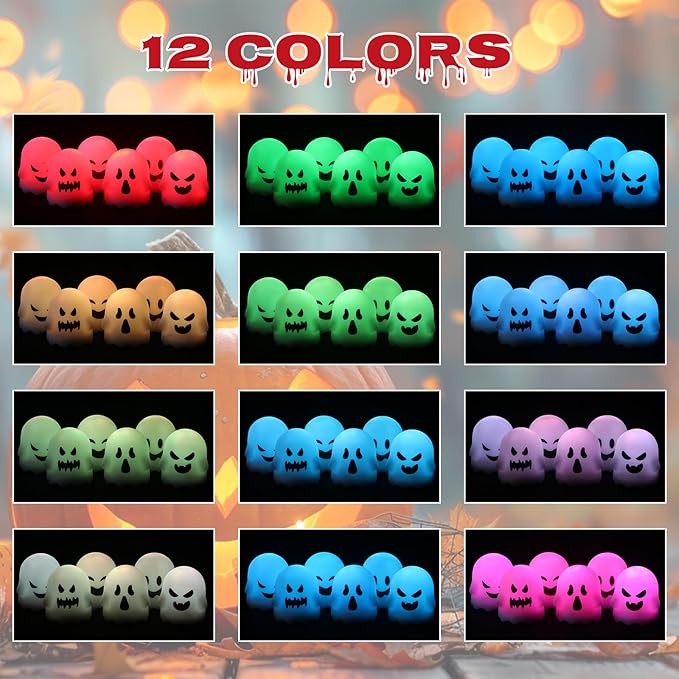 DRomance Ghost Flickering Flameless Candles Battery Operated with Remote and Timer 6 Pack Color Changing Light Spooky White LED Tea Lights Candles Halloween Indoor Decoration Gifts(2 x 2.4 Inches)