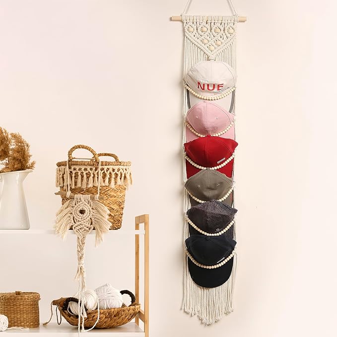 Ball Cap Hanger-1 Pack-Boho Macrame Cap Holder Wall Hat Organizer for Baseball Cap Holder Over Door, Hat Rack for Wall, Cap Rack for Decoration and Display,
