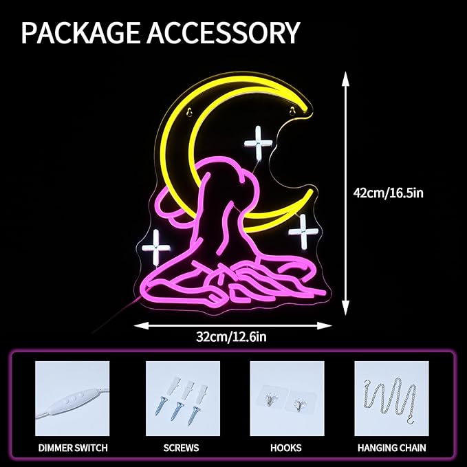 Moon Lady Neon Sign for Wall Decor Dimmable Woman Led Lights Signs Pink Yellow Led Signs for Bedroom decor Neon Light for Bar Party Salon Decoration for Girls' Birthday Gift