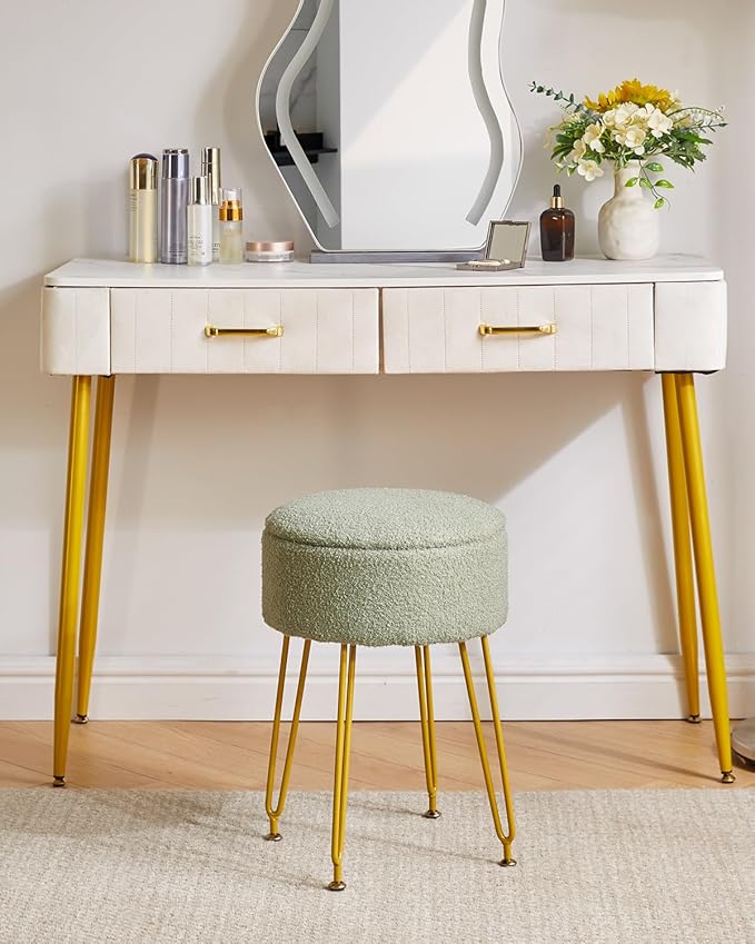 IBUYKE Teddy Velvet Storage Footrest Stool Ottoman, Makeup Vanity Stool Side Table with Removable Cover, Golden Steel Legs, Coffee Table Top Cover, Light Green WBD010D